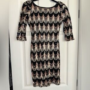 Black dress with gold, rose gold, and black sequins perfect for the holidays!